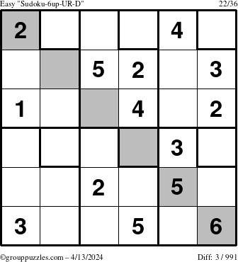 The grouppuzzles.com Easy Sudoku-6up-UR-D puzzle for Saturday April 13, 2024