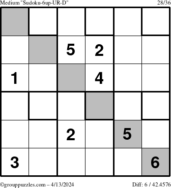 The grouppuzzles.com Medium Sudoku-6up-UR-D puzzle for Saturday April 13, 2024