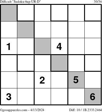The grouppuzzles.com Difficult Sudoku-6up-UR-D puzzle for Saturday April 13, 2024