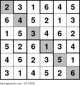 The grouppuzzles.com Answer grid for the Sudoku-6up-UR-D puzzle for Saturday April 13, 2024
