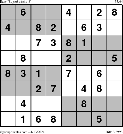 The grouppuzzles.com Easy SuperSudoku-8 puzzle for Saturday April 13, 2024