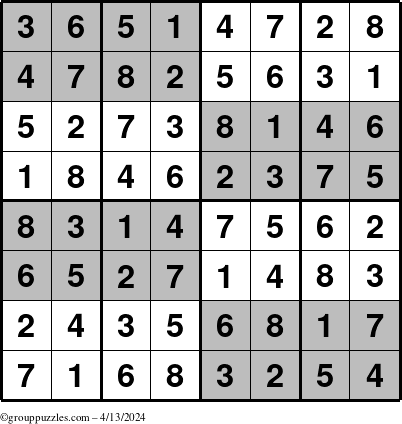 The grouppuzzles.com Answer grid for the SuperSudoku-8 puzzle for Saturday April 13, 2024