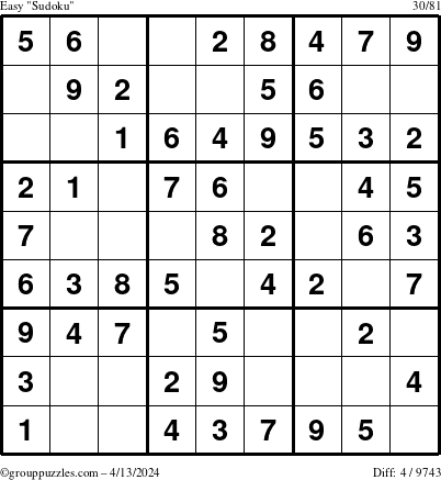 The grouppuzzles.com Easy Sudoku puzzle for Saturday April 13, 2024