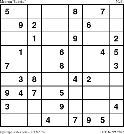 The grouppuzzles.com Medium Sudoku puzzle for Saturday April 13, 2024