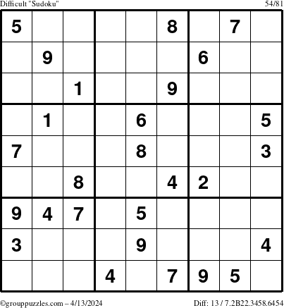 The grouppuzzles.com Difficult Sudoku puzzle for Saturday April 13, 2024