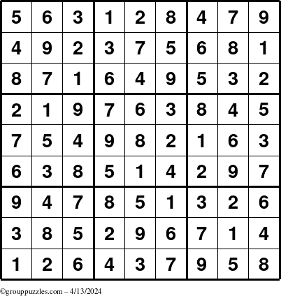 The grouppuzzles.com Answer grid for the Sudoku puzzle for Saturday April 13, 2024