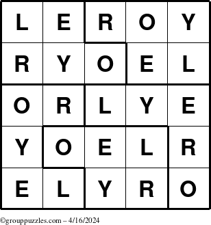 The grouppuzzles.com Answer grid for the Leroy puzzle for Tuesday April 16, 2024
