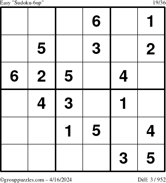 The grouppuzzles.com Easy Sudoku-6up puzzle for Tuesday April 16, 2024