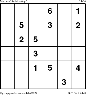 The grouppuzzles.com Medium Sudoku-6up puzzle for Tuesday April 16, 2024