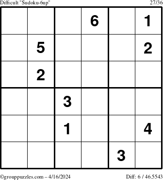 The grouppuzzles.com Difficult Sudoku-6up puzzle for Tuesday April 16, 2024