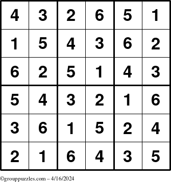 The grouppuzzles.com Answer grid for the Sudoku-6up puzzle for Tuesday April 16, 2024