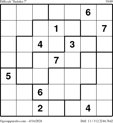 The grouppuzzles.com Difficult Sudoku-7 puzzle for Tuesday April 16, 2024