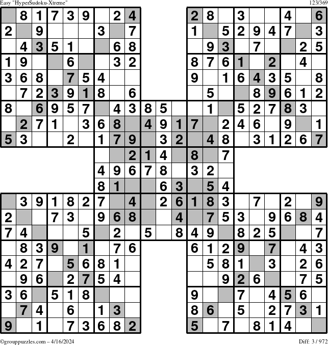 The grouppuzzles.com Easy HyperSudoku-Xtreme puzzle for Tuesday April 16, 2024