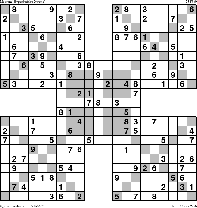 The grouppuzzles.com Medium HyperSudoku-Xtreme puzzle for Tuesday April 16, 2024