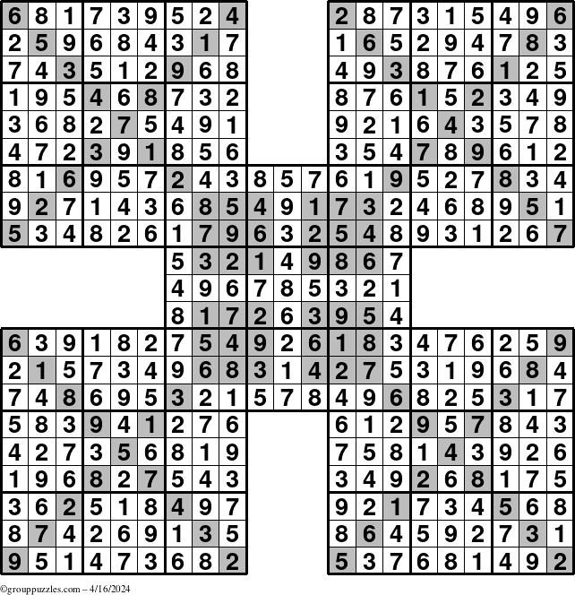 The grouppuzzles.com Answer grid for the HyperSudoku-Xtreme puzzle for Tuesday April 16, 2024
