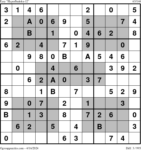 The grouppuzzles.com Easy HyperSudoku-12 puzzle for Tuesday April 16, 2024