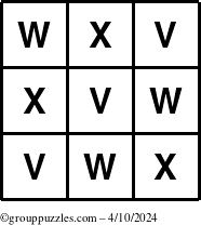 The grouppuzzles.com Answer grid for the TicTac-VWX puzzle for Wednesday April 10, 2024