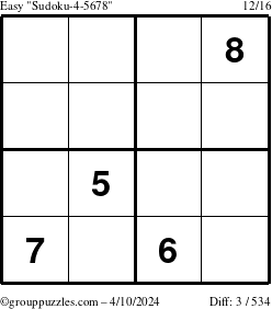 The grouppuzzles.com Easy Sudoku-4-5678 puzzle for Wednesday April 10, 2024