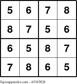 The grouppuzzles.com Answer grid for the Sudoku-4-5678 puzzle for Wednesday April 10, 2024