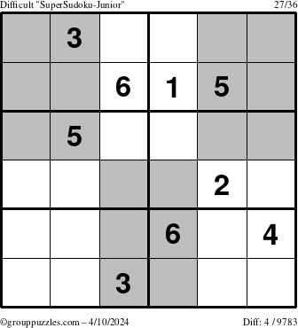 The grouppuzzles.com Difficult SuperSudoku-Junior puzzle for Wednesday April 10, 2024