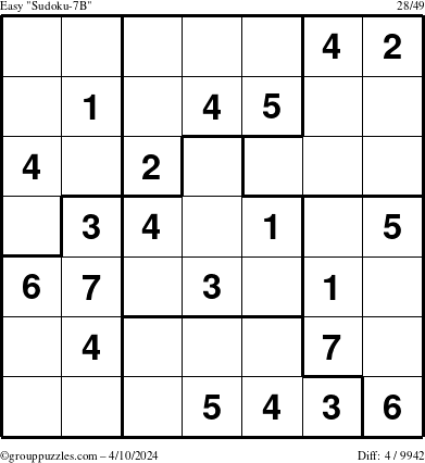 The grouppuzzles.com Easy Sudoku-7B puzzle for Wednesday April 10, 2024