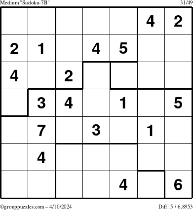 The grouppuzzles.com Medium Sudoku-7B puzzle for Wednesday April 10, 2024