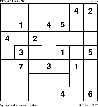 The grouppuzzles.com Difficult Sudoku-7B puzzle for Wednesday April 10, 2024