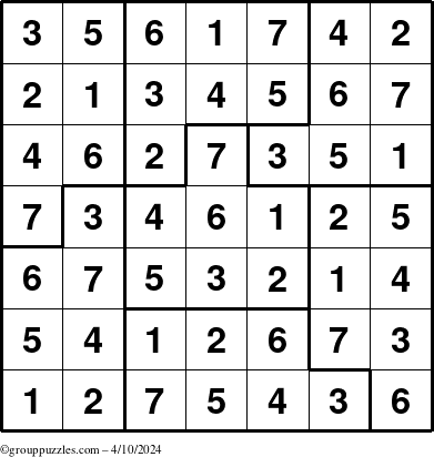 The grouppuzzles.com Answer grid for the Sudoku-7B puzzle for Wednesday April 10, 2024