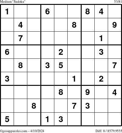 The grouppuzzles.com Medium Sudoku puzzle for Wednesday April 10, 2024
