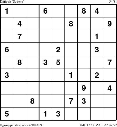 The grouppuzzles.com Difficult Sudoku puzzle for Wednesday April 10, 2024
