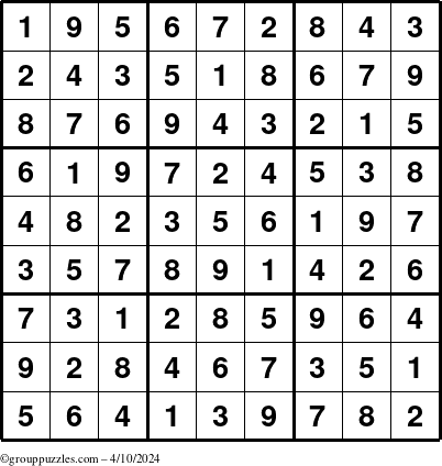 The grouppuzzles.com Answer grid for the Sudoku puzzle for Wednesday April 10, 2024