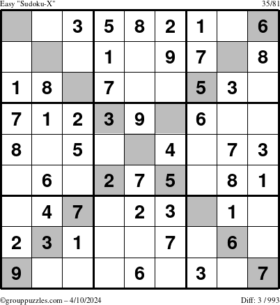 The grouppuzzles.com Easy Sudoku-X puzzle for Wednesday April 10, 2024