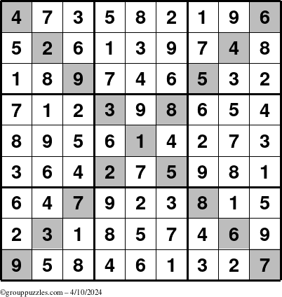 The grouppuzzles.com Answer grid for the Sudoku-X puzzle for Wednesday April 10, 2024