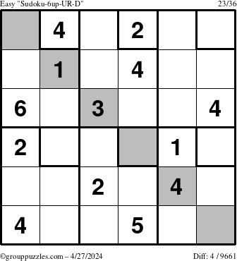 The grouppuzzles.com Easy Sudoku-6up-UR-D puzzle for Saturday April 27, 2024