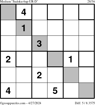 The grouppuzzles.com Medium Sudoku-6up-UR-D puzzle for Saturday April 27, 2024