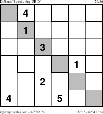The grouppuzzles.com Difficult Sudoku-6up-UR-D puzzle for Saturday April 27, 2024