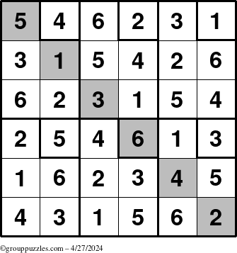 The grouppuzzles.com Answer grid for the Sudoku-6up-UR-D puzzle for Saturday April 27, 2024