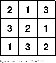 The grouppuzzles.com Answer grid for the TicTac-123 puzzle for Saturday April 27, 2024