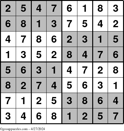 The grouppuzzles.com Answer grid for the SuperSudoku-8 puzzle for Saturday April 27, 2024