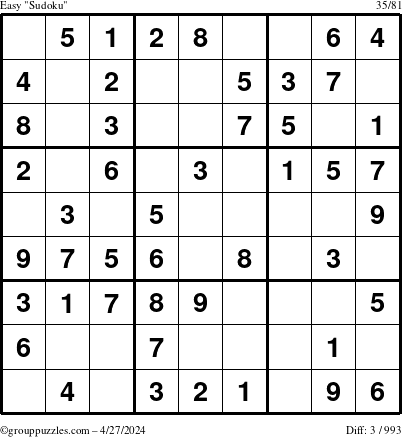 The grouppuzzles.com Easy Sudoku puzzle for Saturday April 27, 2024