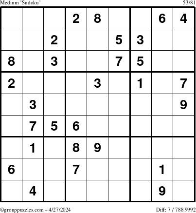 The grouppuzzles.com Medium Sudoku puzzle for Saturday April 27, 2024