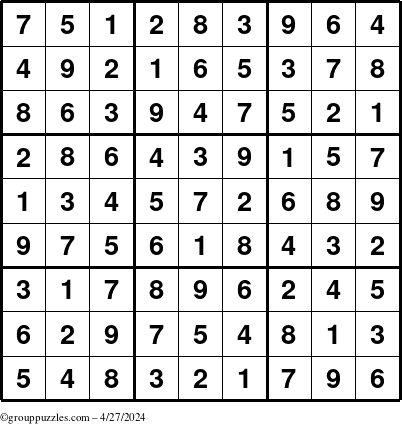 The grouppuzzles.com Answer grid for the Sudoku puzzle for Saturday April 27, 2024