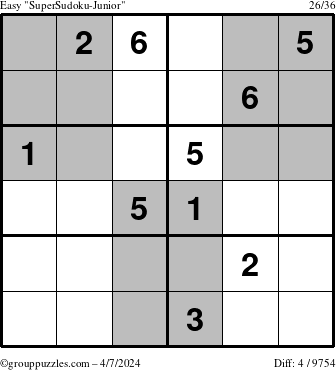 The grouppuzzles.com Easy SuperSudoku-Junior puzzle for Sunday April 7, 2024