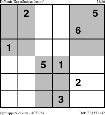 The grouppuzzles.com Difficult SuperSudoku-Junior puzzle for Sunday April 7, 2024