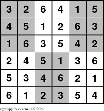 The grouppuzzles.com Answer grid for the SuperSudoku-Junior puzzle for Sunday April 7, 2024