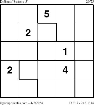 The grouppuzzles.com Difficult Sudoku-5 puzzle for Sunday April 7, 2024