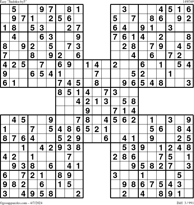 The grouppuzzles.com Easy Sudoku-by5 puzzle for Sunday April 7, 2024