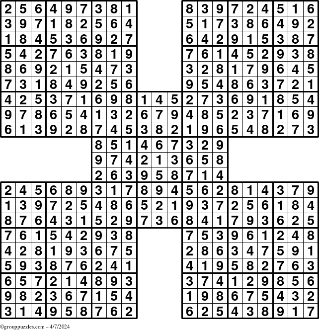 The grouppuzzles.com Answer grid for the Sudoku-by5 puzzle for Sunday April 7, 2024