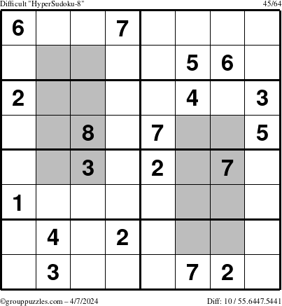 The grouppuzzles.com Difficult HyperSudoku-8 puzzle for Sunday April 7, 2024