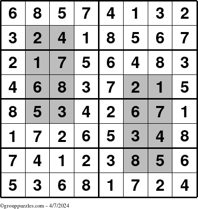The grouppuzzles.com Answer grid for the HyperSudoku-8 puzzle for Sunday April 7, 2024